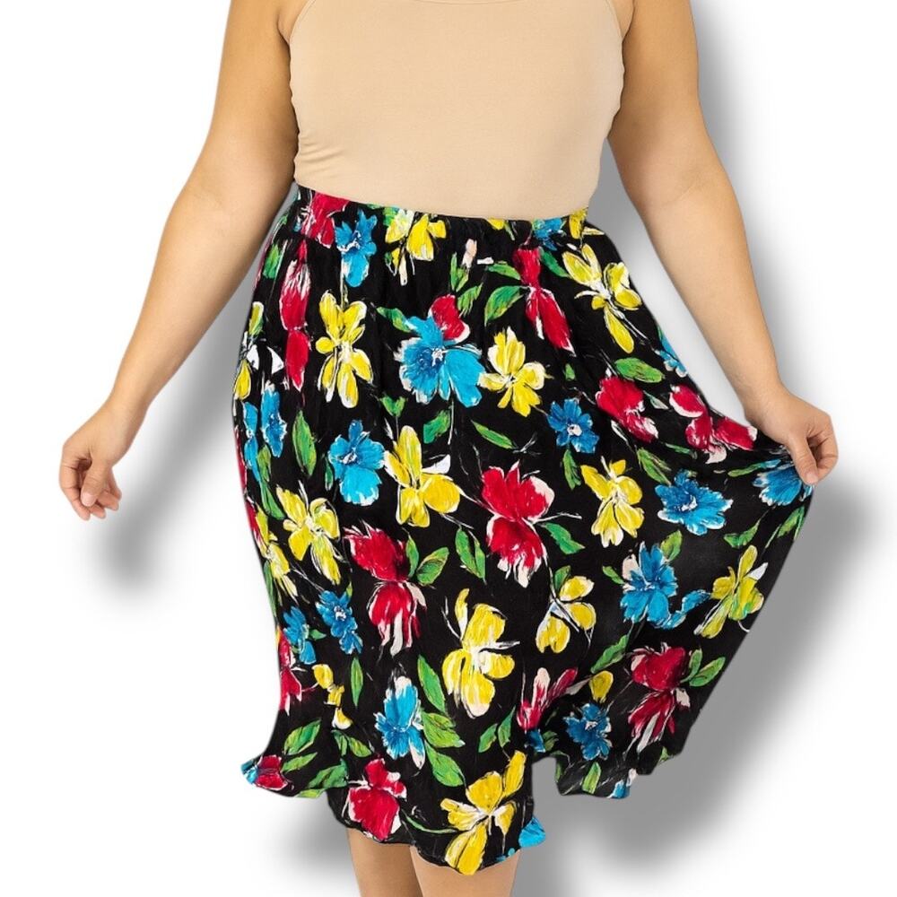 Vintage 90s Carole Little II Petite Floral Skirt Black Multicolor Midi Size 14W